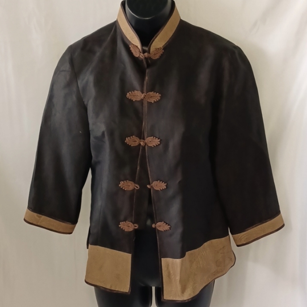 Vintage Asian ESME Silk Jacket. Medium, Brown & Gold, 3/4 length sleeve
